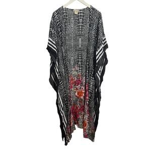 Nalini Shrug‎ Poncho Cape Duster Tunic Women OS Black Floral Leopard Lagenlook